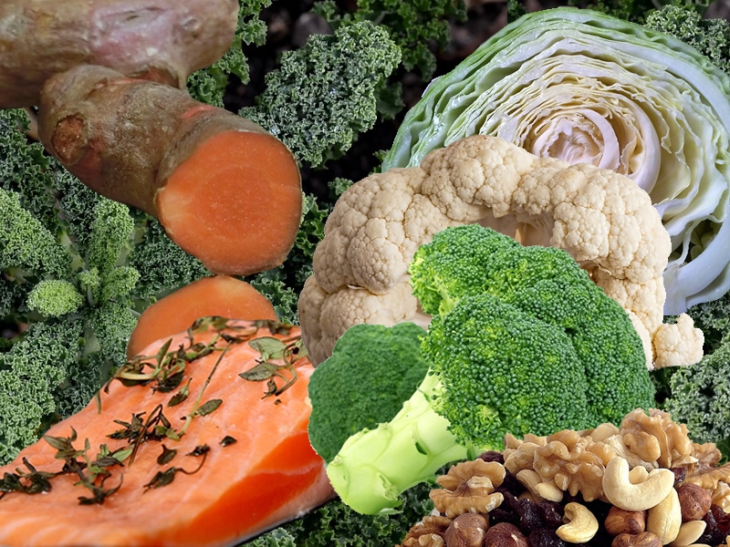 broccoli, cauliflower, cabbage, kale, nuts, salmon, and curcumin
