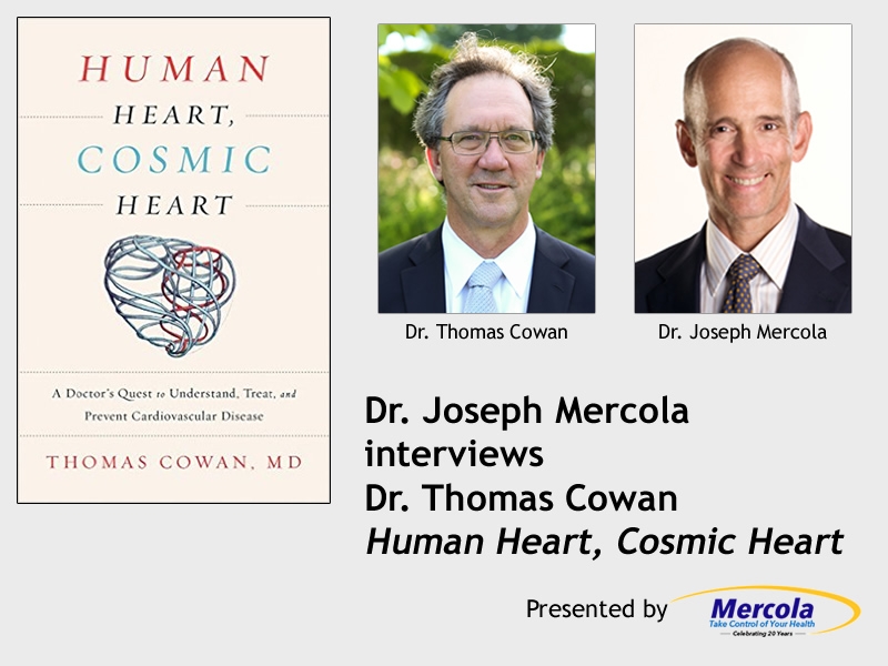 Photos of Joseph Mercola, Thomas Cowan, and "Human Heart, Cosmic Heart" book cover