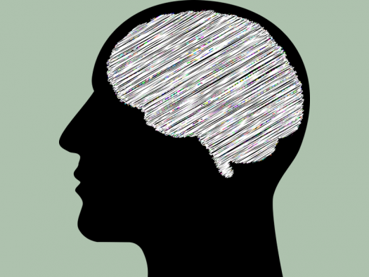 silhouette of a person's head with illustration of brain with gray, white, black, and color speckles