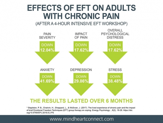 graphic showing reduction of pain (down 12.04%) and stress (down 38.48%) after a 4-hour intensive EFT workshop