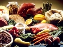 Healthy food: fish, meat, bread, veggies, pasta, grains, beans