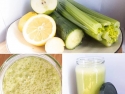 cut green apple, cut lemon, cut cucumber, celery on a plate and green juice in a jar