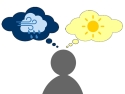 silhouette of person in center with thought bubbles on left and right; one with blue clouds, wind, rain and the other with a yellow sun 