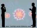 silhouettes of two people talking, standing far apart, with coronavirus in background