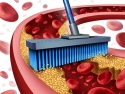 illustration of broom sweeping plaque from a clogged artery