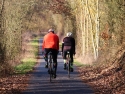 two adults riding bikes on a paved path through a wooded area with sunlight streaming in