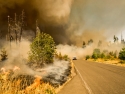 smoke billows from a wildfire covering the sky as a white truck heads down the road away from the fire